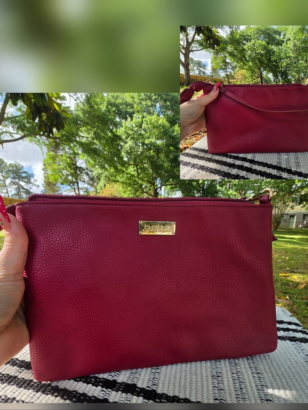 Bebe Los Angeles garnet pebble leather wristlet